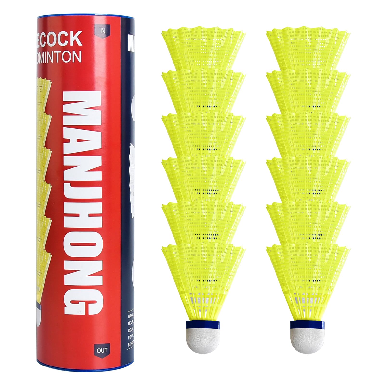 MANJHONG Badminton Nylon Shuttlecocks Cork Base, Great Durability & Stability Shuttles for Indoor Outdoor Practice Training, Yellow 12PK