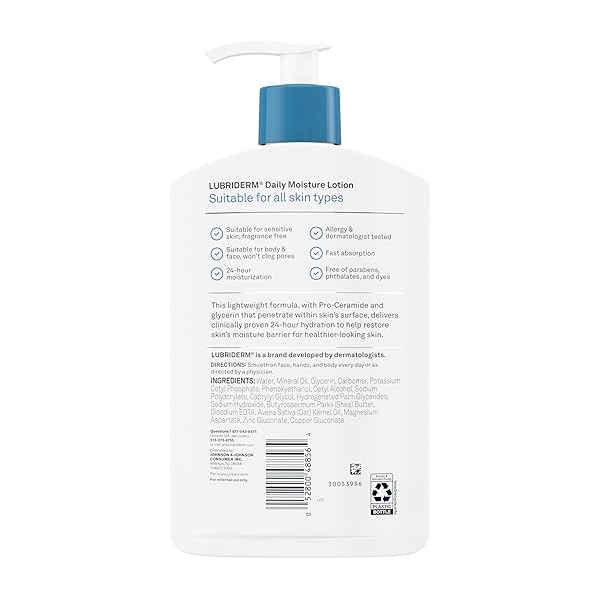 LUBRIDERM FRAGRANCE FREE DAILY MOISTURE LOTION + PRO-CERAMIDE, SHEA BUTTER & GLYCERIN, FACE, HAND & BODY LOTION FOR SENSITIVE SKIN, HYDRATING LOTION FOR HEALTHIER-LOOKING SKIN, 16 FL. OZ
