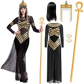 Yunlly 6 Pcs Halloween Egyptian Cleopatra Costume | Queen Outfit for Women, Black &amp; Gold Dress, Snake Beaded Headpiece, Arm Cuff, Staff, Bob Wig