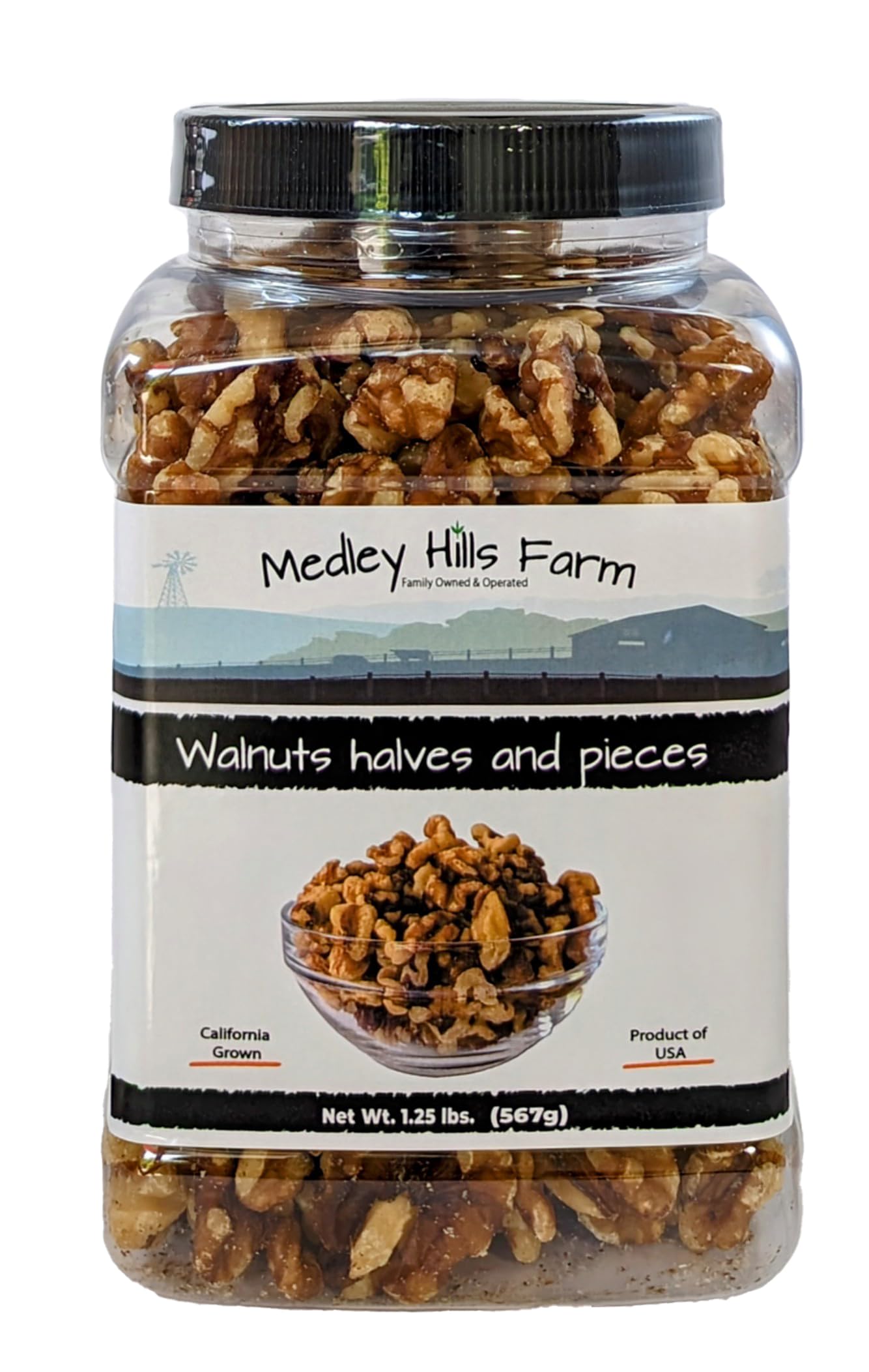 Walnuts halves and pieces By Medley Hills Farm in Reusable Container 1.25 lbs. - Shelled Premium California Walnuts - Raw Walnuts - California Grown - Product of USA