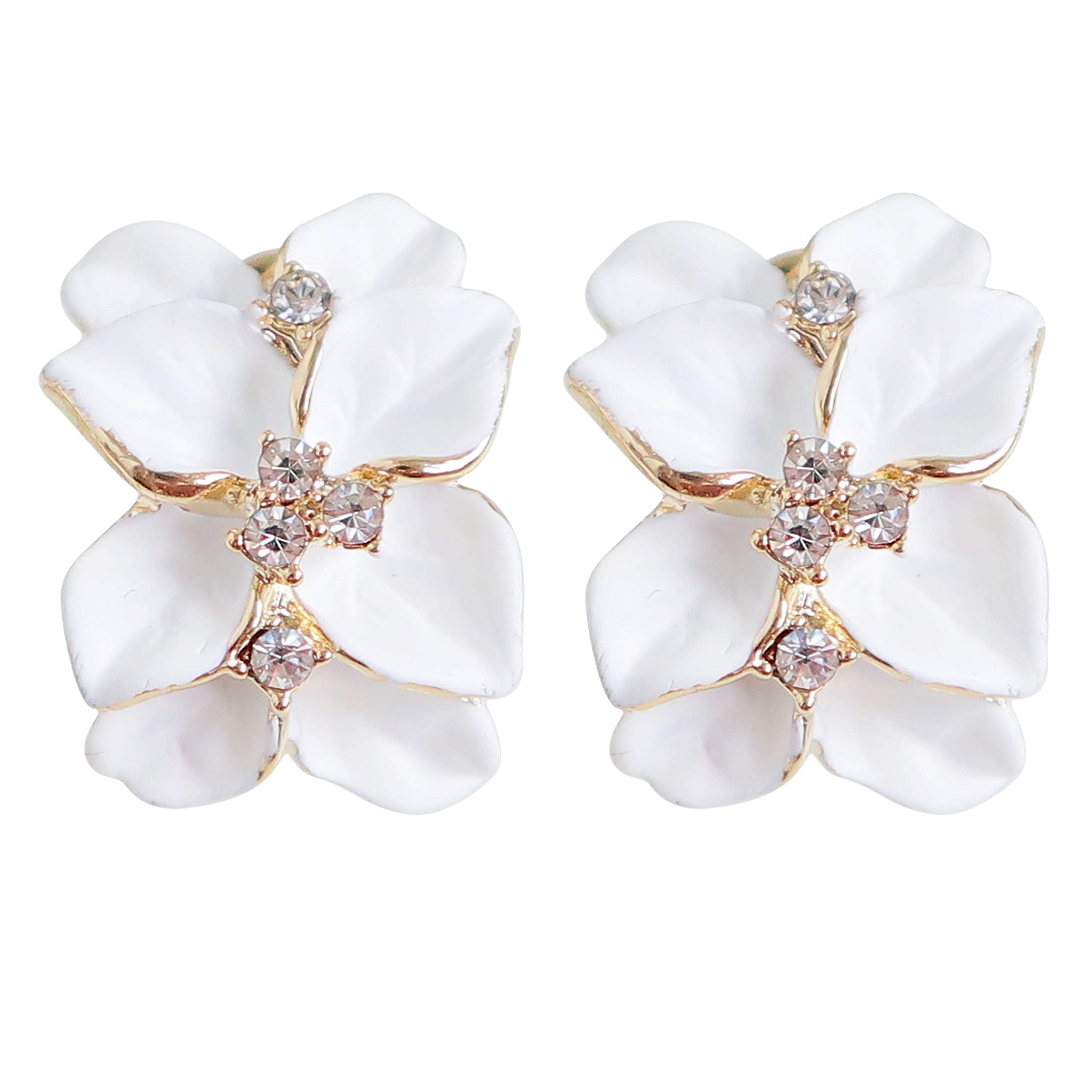 Navachi 18k Gold Plated Crystal White Enamel Leaves Flower Az1147e Omega Earrings