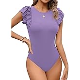 Missufe Women's Summer Ruffle Flutter Sleeve Ribbed Casual Bodysuit Tops