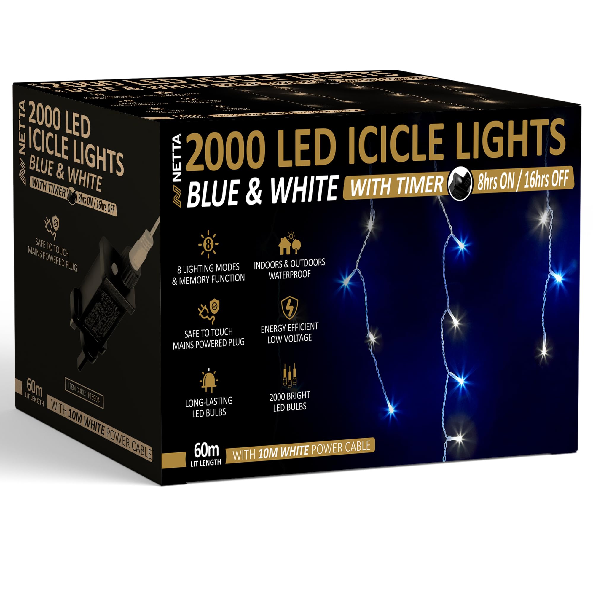 Netta Icicle Lights Outdoor Christmas 2000 LED 60m Lit Length, LED Icicle Fairy House Lights with 8 Hours On Timer, Memory, 8 Lighting Modes, Mains Powered – 2000 LED, Blue & Cool White