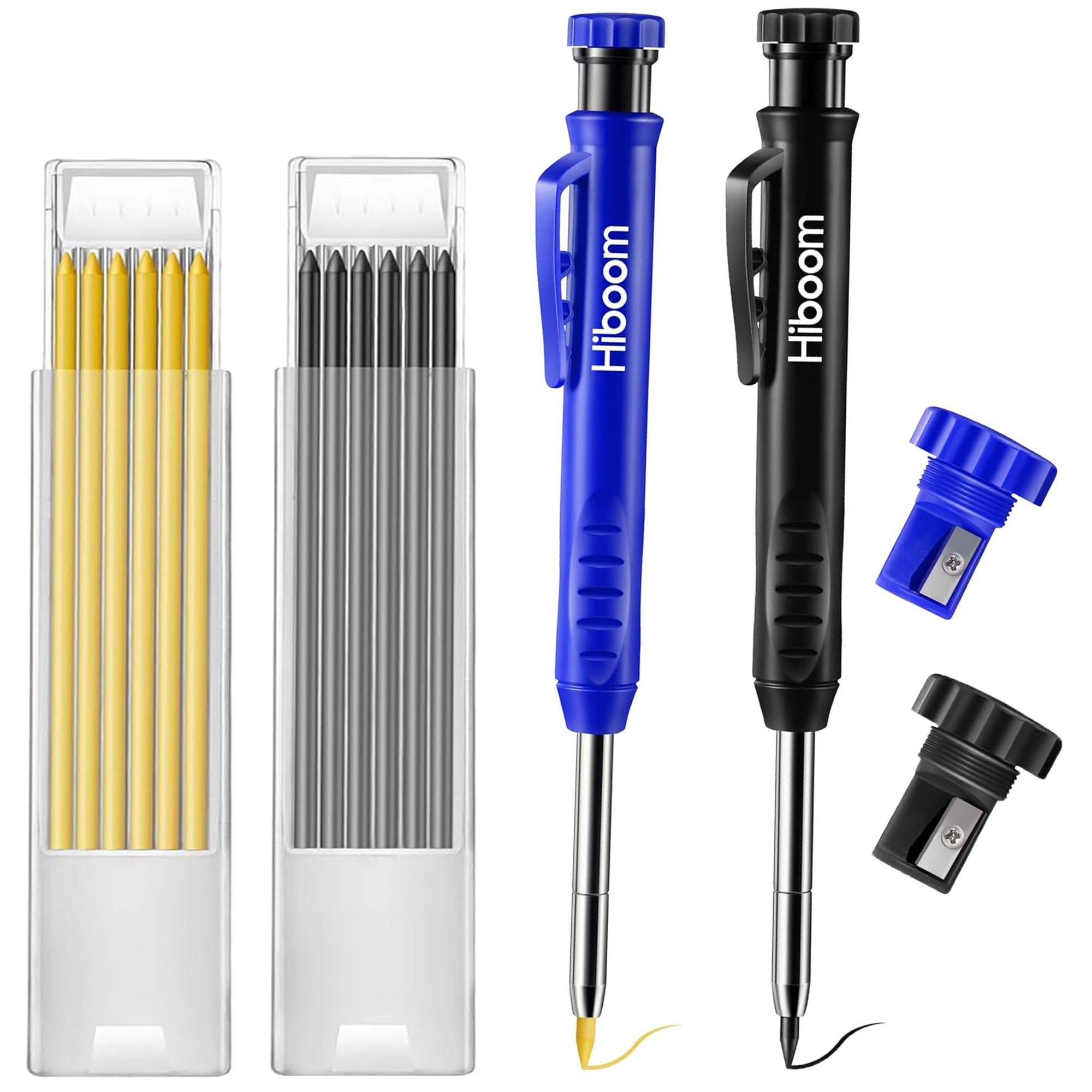 Hiboom 2 Pack Solid Carpenter Pencil with 14 Refill, Long Nosed Deep Hole Mechanical Pencil Marker with Built-in Sharpener for Carpenter Woodworking Architect with Design Patent (Black, Blue)