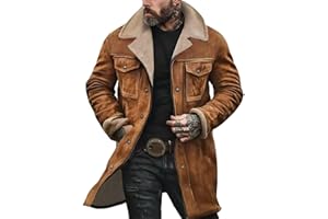 CAOQAO Mens Western Cowboy Vintage Suede Jacket Plush Collar Coats Faux Leather Winter Long Jackets Zip Up Casual Retro Tops