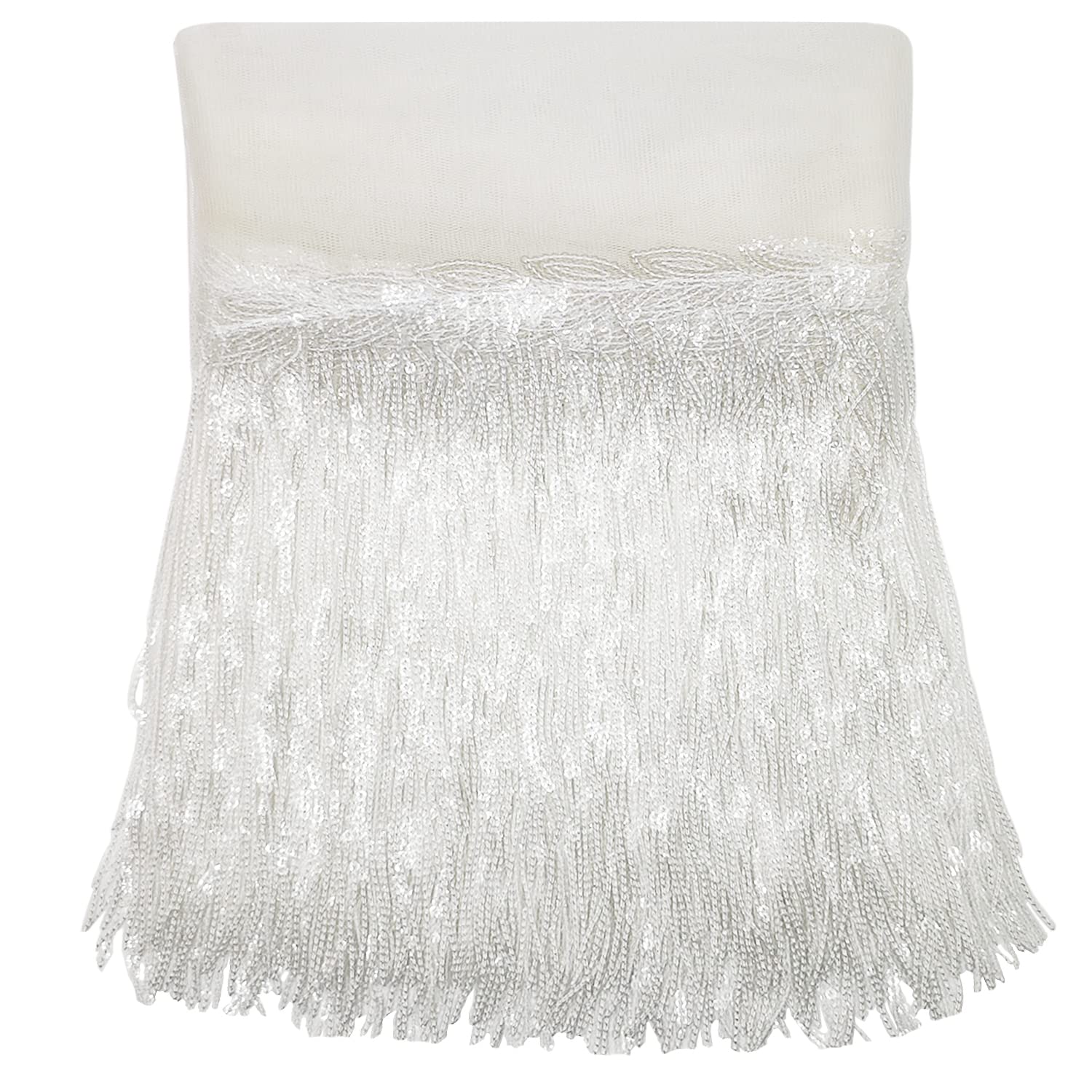 WANYI 5 Yard 20CM Wide Sequin Fringe Trim Lace Sequins Tassel Trim Metallic Fringe Trimming with Leaf Shape Embellishment for DIY Sewing, Dresses, Jacket, Hats, Bags, Home Decor (White)