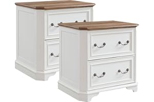 T4TREAM 2 Drawer File Cabinet Set of 2, 30" Wide Wooden Extended Desktop, Farmhouse Filing Cabinet with Smooth Rails, Holds Letter/Legal/A4, Hexagonal Design & Framed Drawer Fronts, Antuique White