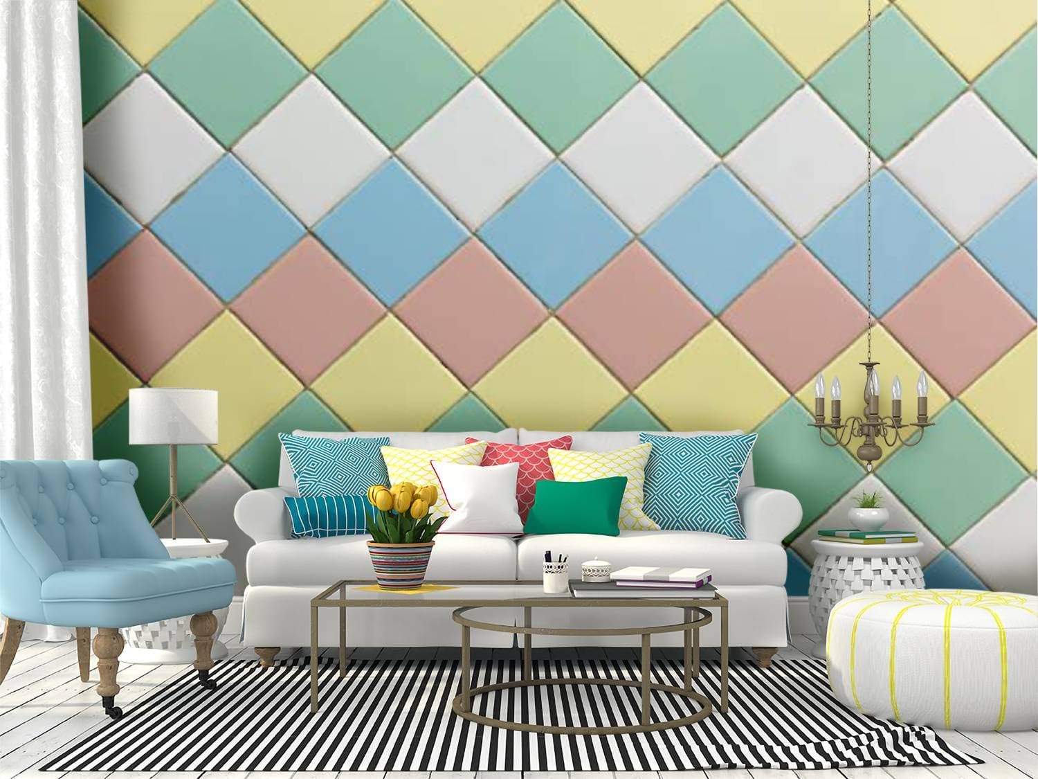 Kanworse Colorful of Square Wall Tiles Canvas Print Wallpaper Wall Mural Self Adhesive Peel & Stick Wallpaper Home Craft Wall Decal Wall Poster Sticker for Living Room