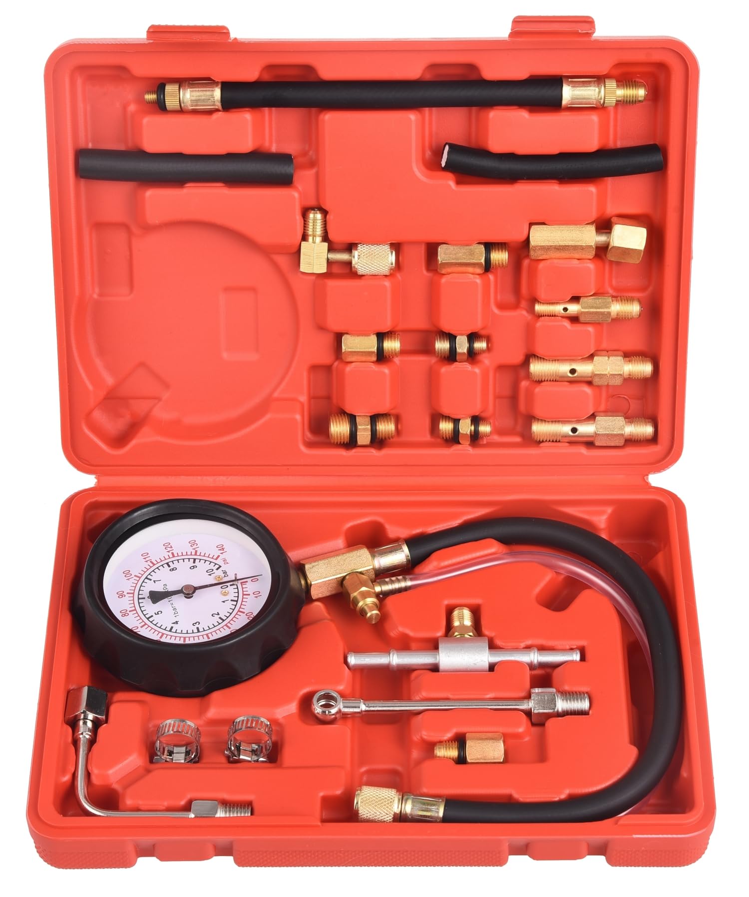 DHA Fuel Pressure Gauge Tester Kit 0-10 bar / 140 PSI - Fuel Injection System Diagnostic Tool for Petrol Engines, Includes Quick Connect Adapters, Fit for Most Cars, Trucks & Motorcycles