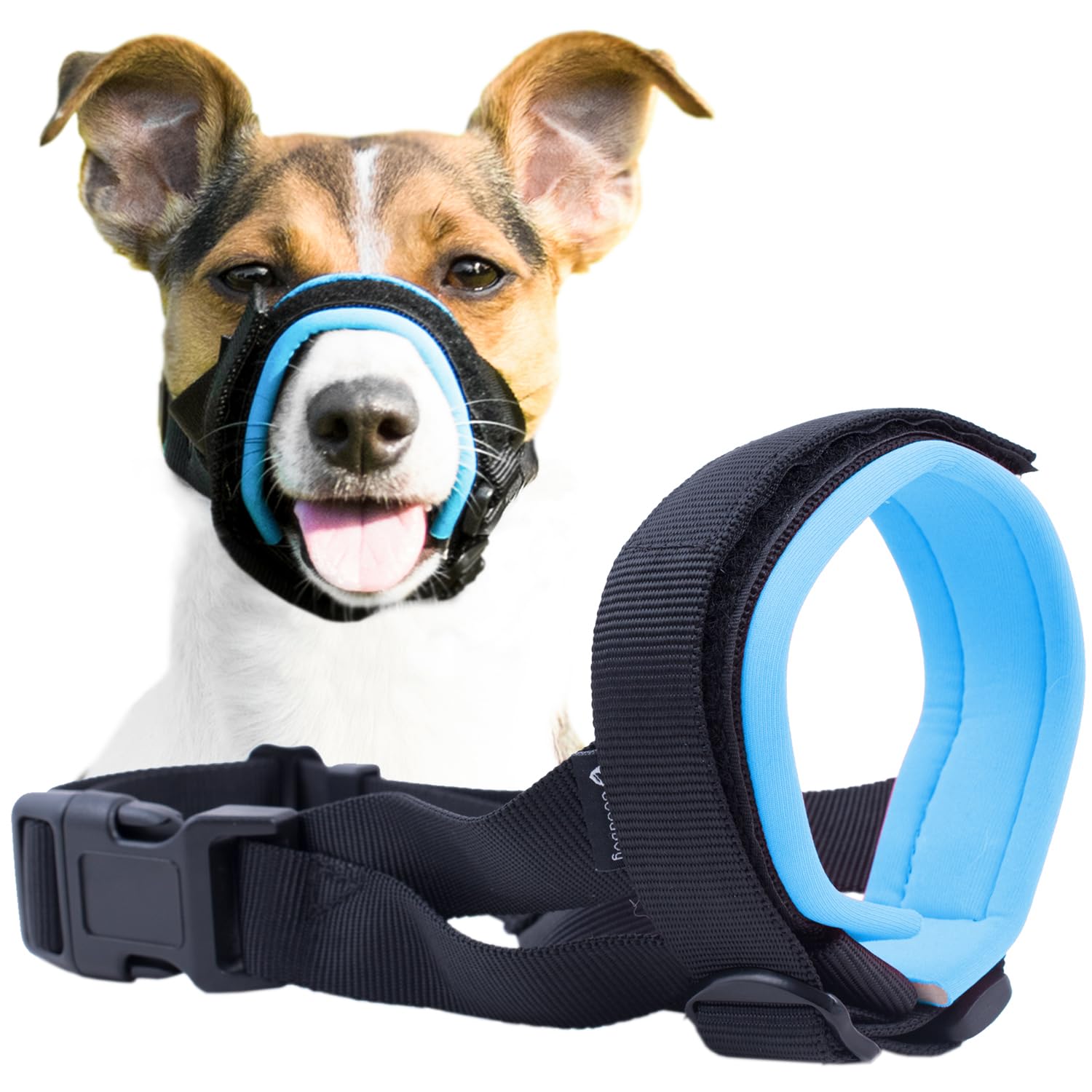Gentle Muzzle Guard for Dogs - Prevents Biting and Unwanted Chewing Safely Secure Comfort Fit - Soft Neoprene Padding – No More Chafing – Training Guide Helps Build Bonds with Pet (XS, Blue)