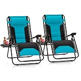 Sophia & William Oversized Zero Gravity Chair Set of 2 Padded, Folding Lounge Chair with Wide Armrest and Cup Holder, Support 400 LBS, Aqua Blue