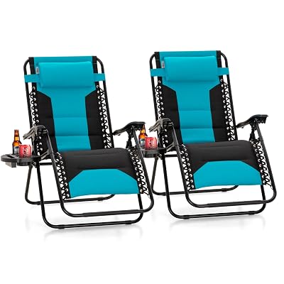 Sophia & William Oversized Zero Gravity Chair Set of 2 Padded, Folding Lounge Chair with Wide Armrest and Cup Holder, Support 400 LBS, Aqua Blue