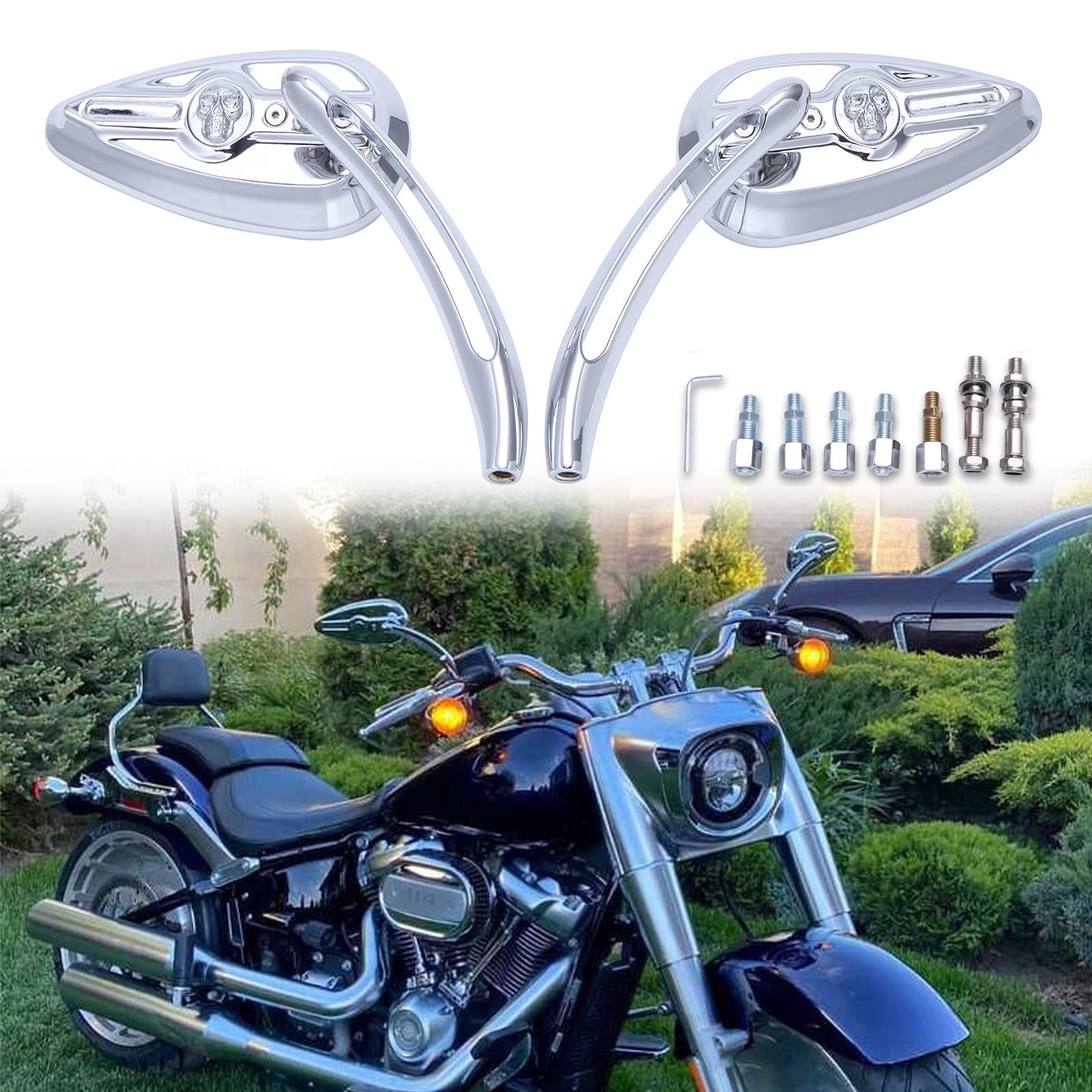 Photo 1 of 8mm/10mm Rearview Side Mirrors Chrome Skull Teardrop for Harley Dyna Electra Glide Street Glide Road King Softail