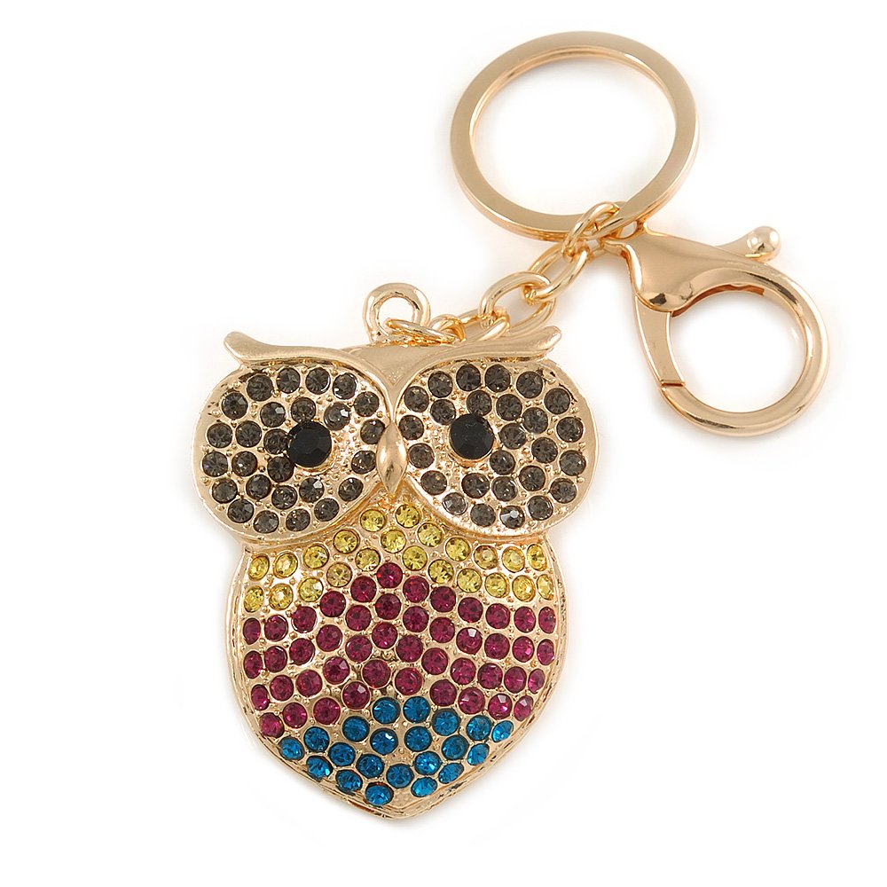 Avalaya Multicoloured Crystal Owl Keyring/Bag Charm In Gold Tone - 10cm L