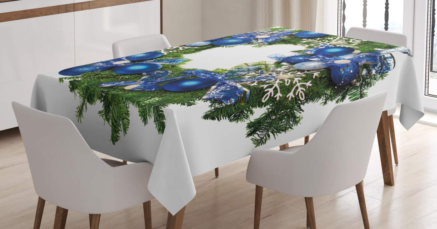 ABAKUHAUS Christmas Tablecloth, New Year Wreath with Bauble and Ornamental Snowflakes Bows Noel Yuletide Theme, Dining Room Kitchen Table Cover, 54" x 66", White Green Blue