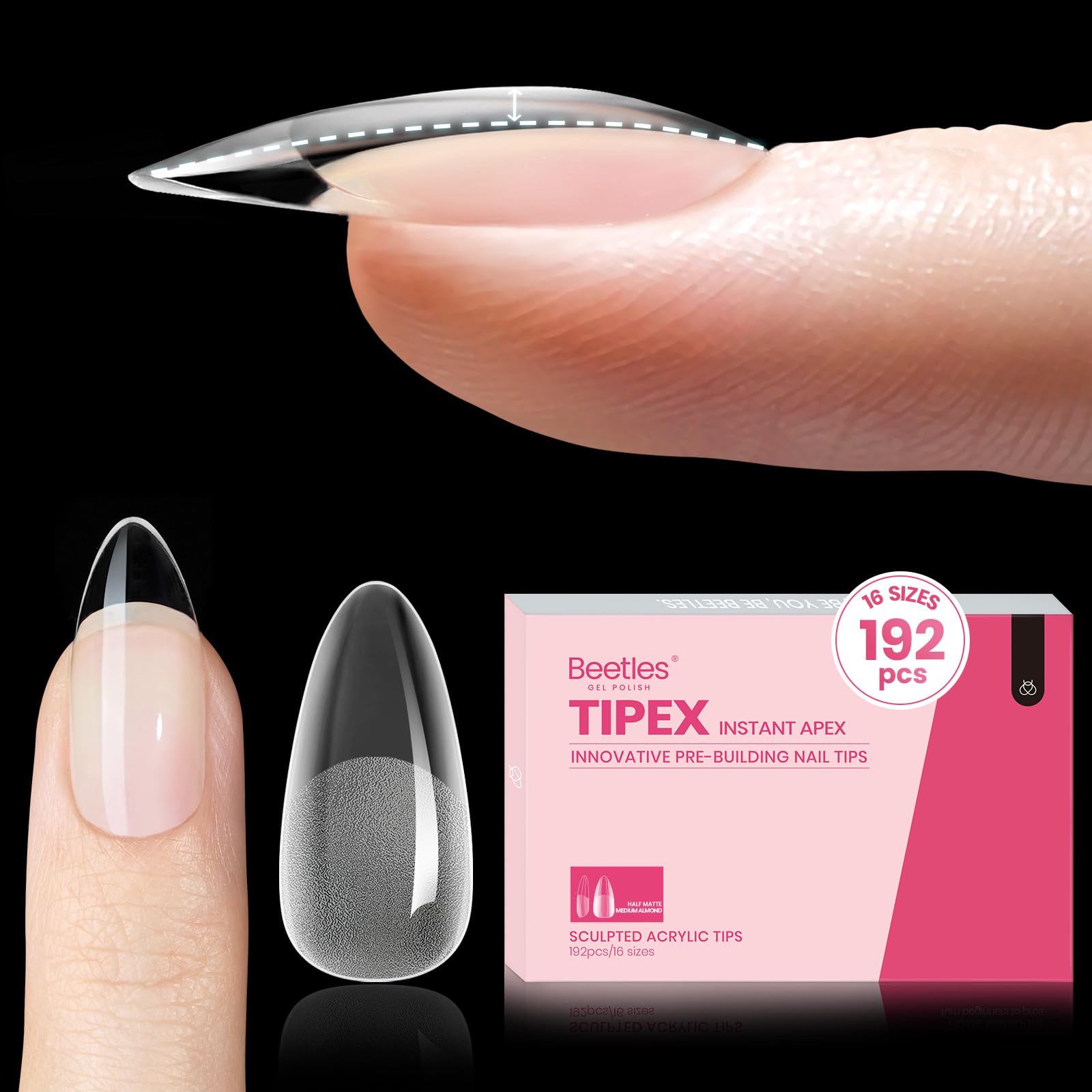 Beetles Tipex Instant Apex Nail Tips Almond Medium, Pre-Etched Pre-Building Strong Thick Acrylic,16 Sizes,192 Pieces