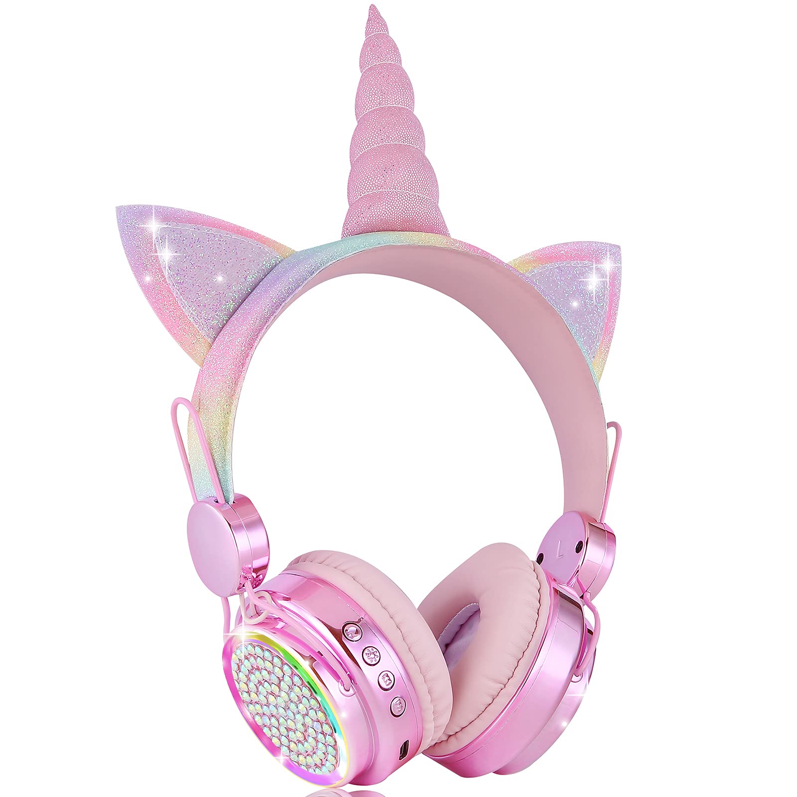 Photo 1 of KORABA Kids Headphones Bluetooth Wireless, Unicorn LED Lights up Girls Headsets with Microphone, 10 Hours 5.0 Bluetooth Headphones for Girls, Kids, Flashing with Music Rhythm (Rainbow)