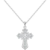 KristLand - Dainty 18K White Gold Plated Vintage Faith Zircon Cross Necklace for Women Silver Open Cross Choker Chain for Birthday Gift