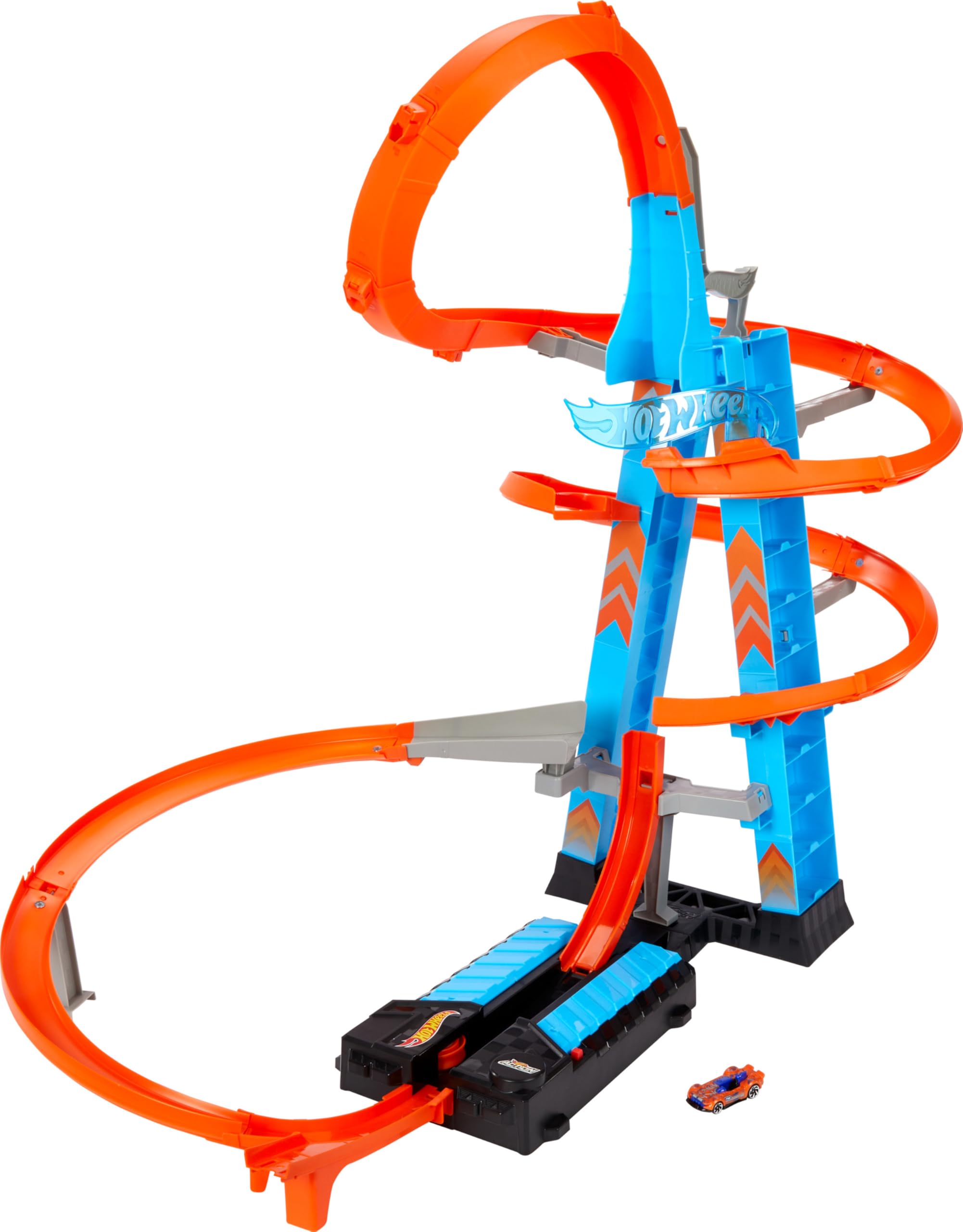 Hot Wheels Sky Crash Tower Track Set, 2.5+ ft / 83 cm High with Motorized Booster, Orange Track & 1 Hot Wheels Vehicle, Race Multiple Cars, Gift for Kids 5 to 10 Years Old & Up