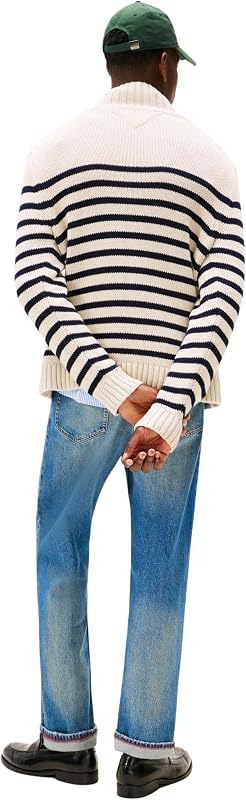 Pull Homme Breton Cotton Stripe avec Col Cheminée, Multicolore (Oatmilk HTR/Desert Sky), L — photo 2 sur 5