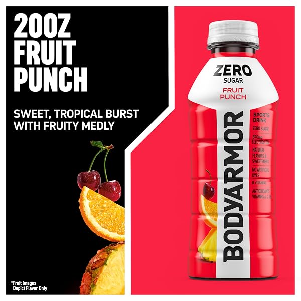 BODYARMOR ZERO SUGAR FRUIT PUNCH, SUGAR FREE SPORTS DRINK – LOW-CALORIE HYDRATION – NATURAL FLAVORS WITH POTASSIUM PACKED ELECTROLYTES, ANTIOXIDANTS, AND B-VITAMINS, 20 FL OZ (PACK OF 6)