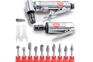VEVOR Air Die Grinder Kit, Right Angle Grinder w/Die Grinder Combo & 10PCS Single Cut Carbide Burr Set, Lightweight, Ball Bearing Construction for Grinding, Deburring, Cutting, Polishing