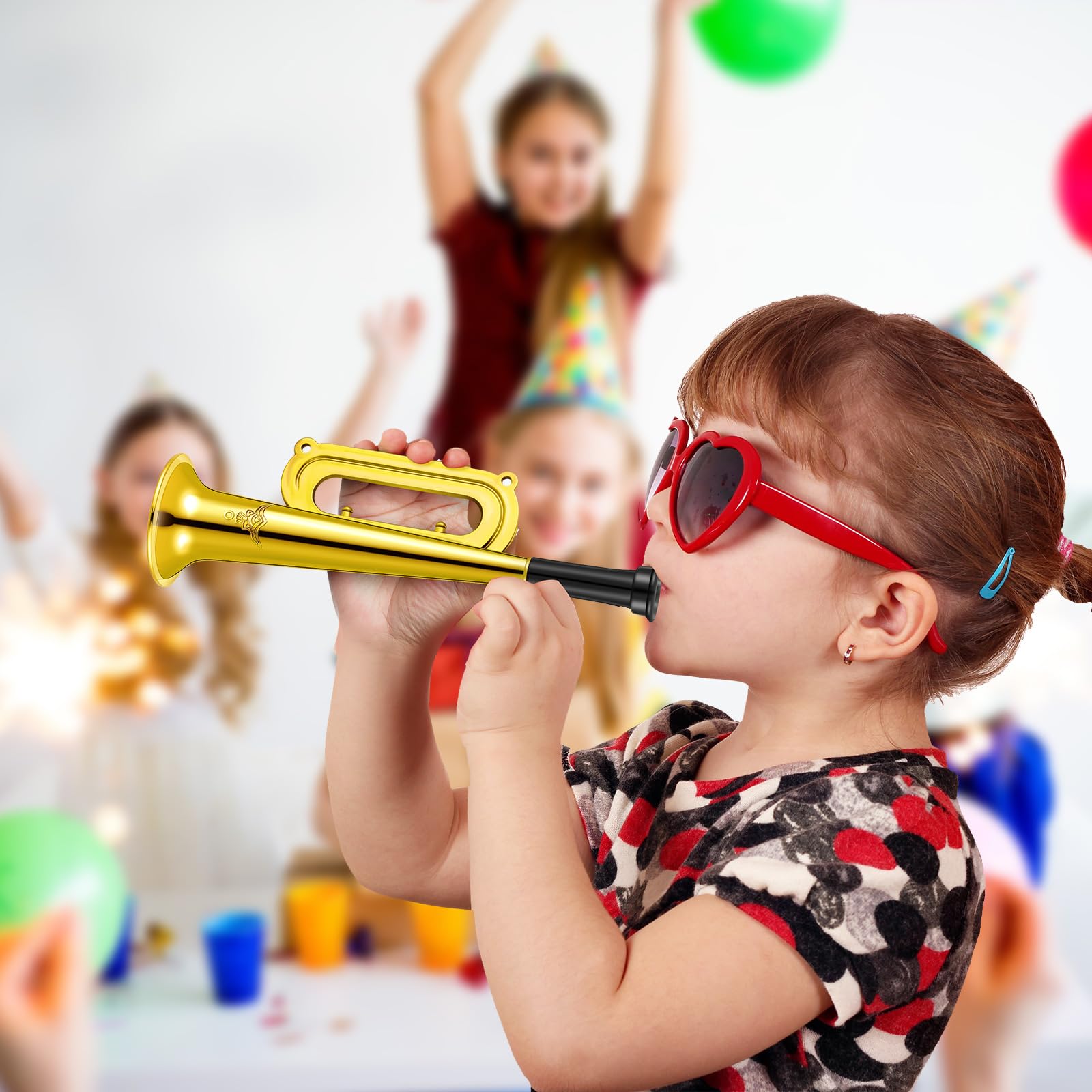 Poen 12 Pcs Toy Trumpet Kids Mini Metallic Trumpet Parties Musical Blow Horn Instruments Plastic Noise Makers for Kids Events Party Favors Music Class Stage Props 7 Inch Easter Day(Gold)