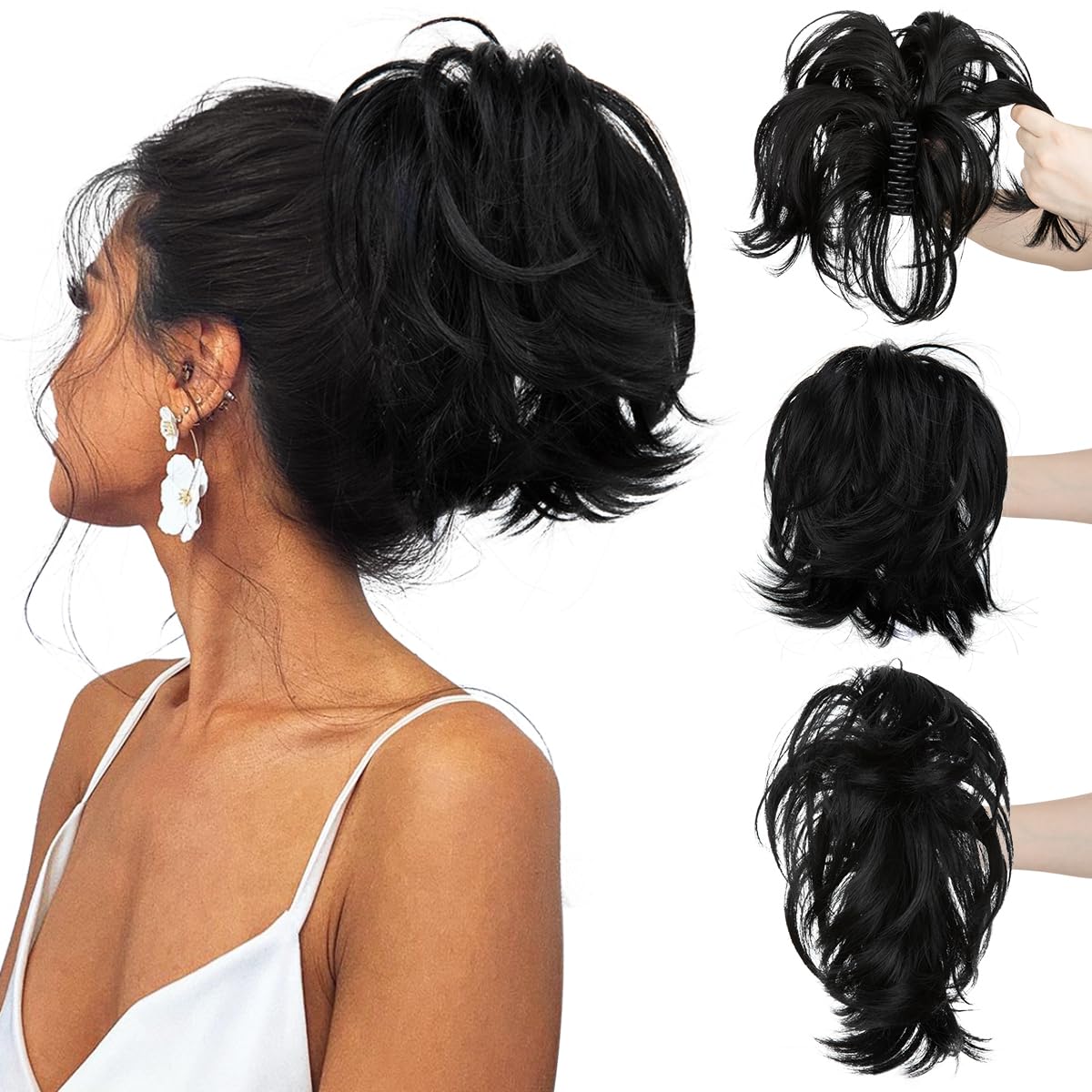 CJL HAIR Claw Clip Short Ponytail Hair Extensions DIY Bendable Metals Messy Bun Hair Piece for Wonen Straight Synthetic Fake Hairpieces Jet Black