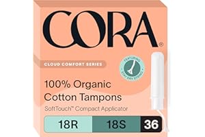 Cora Organic Applicator Tampon Multipack | 18 Regular & 18 Super Absorbency | 100% Organic Cotton, Unscented, BPA-Free Compact Applicator | Leak Protection | Packaging May Vary | 36 Total
