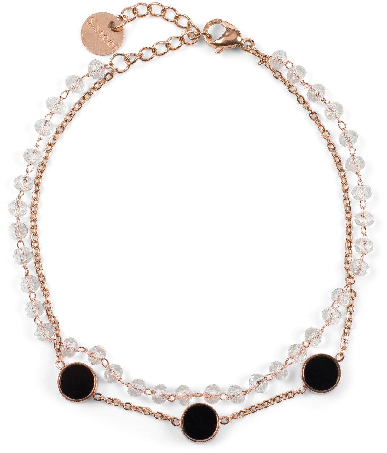 styleBREAKER Ladies Stainless Steel 2-Row Layer Bracelet with Plastic Beads and Round Pendants, Anchor Chain, Jewellery 05040186, Colour:Rose Gold/Transparent