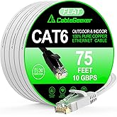 Cat 6 Ethernet Cable 75 ft White, Flat Cat6 Internet Network Cable, High Speed 10Gbps Computer Cord with 30 Clips & 4 Straps,