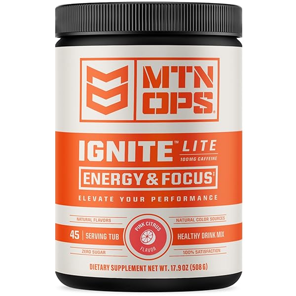 MTN OPS IGNITE LITE ENERGY DRINK POWDER GLUTEN FREE NITRIC OXIDE SUPPLEMENT DRINK MIX, L ARGININE, L CITRULLINE, CAFFEINE & NOOTROPIC SUGAR FREE DRINK MIX, 45 SERVINGS, PINK CITRUS