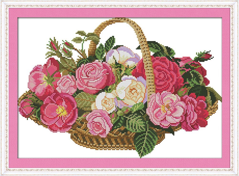 CaptainCrafts Cross Stitch Kits, Flowers Stamped And Counted Fabric Cross Stitching DIY Art Needlecrafts Embroidery Kits (Flowers Rose Basket, STAMPED)