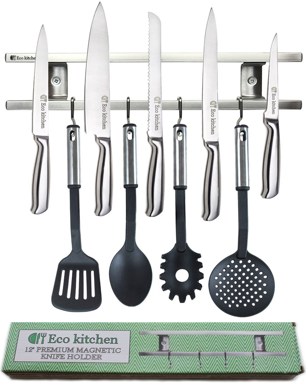 ECO KITCHEN 12 Inch Stainless Steel Magnetic Knife Holder - Magnetic Knife Strip Wall Mount With 4 Hooks - Knife Rack/Knife Bar for Kitchen Utensils and Cooking Sets - Save Your Space Now!