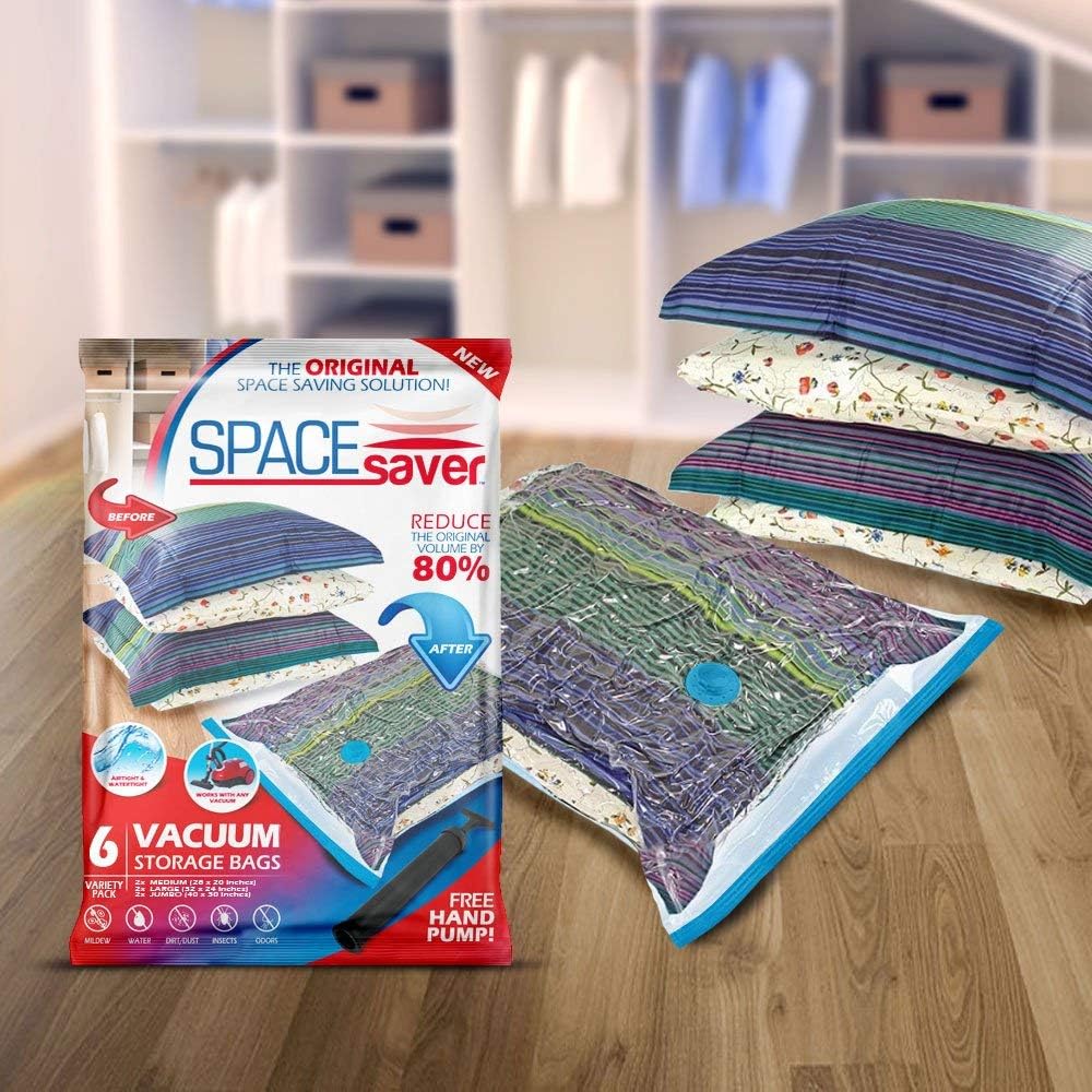 Spacesaver Premium Vacuum Storage Bags 6 Pack (2 x Medium, 2 x Large, 2 x Jumbo) 80% More Storage! Hand-Pump for Travel! Double-Zip Seal and Triple Seal Turbo-Valve for Max Space Saving! (6 Pack): Home & Kitchen