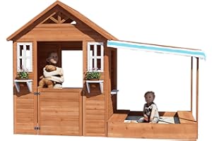 BIRASIL Kids Playhouse with Sandbox, Wooden Outdoor Cottage Play House with Sand Pit for Backyard Garden Ages 3 to 10 Years Old (Brown)