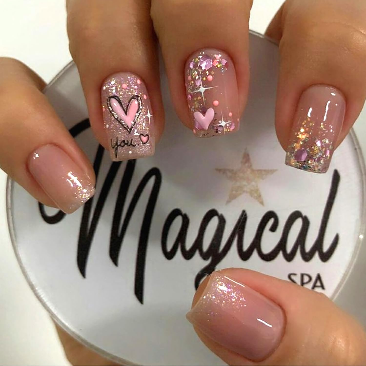 24Pcs Valentine's Press on Nails Short Square Heart Fake Nails Silver Glitter French Tip False Nails Pink Heart Artificial Nails Nude Full Cover Glue on Nails Valentines Stick on Nails for Women