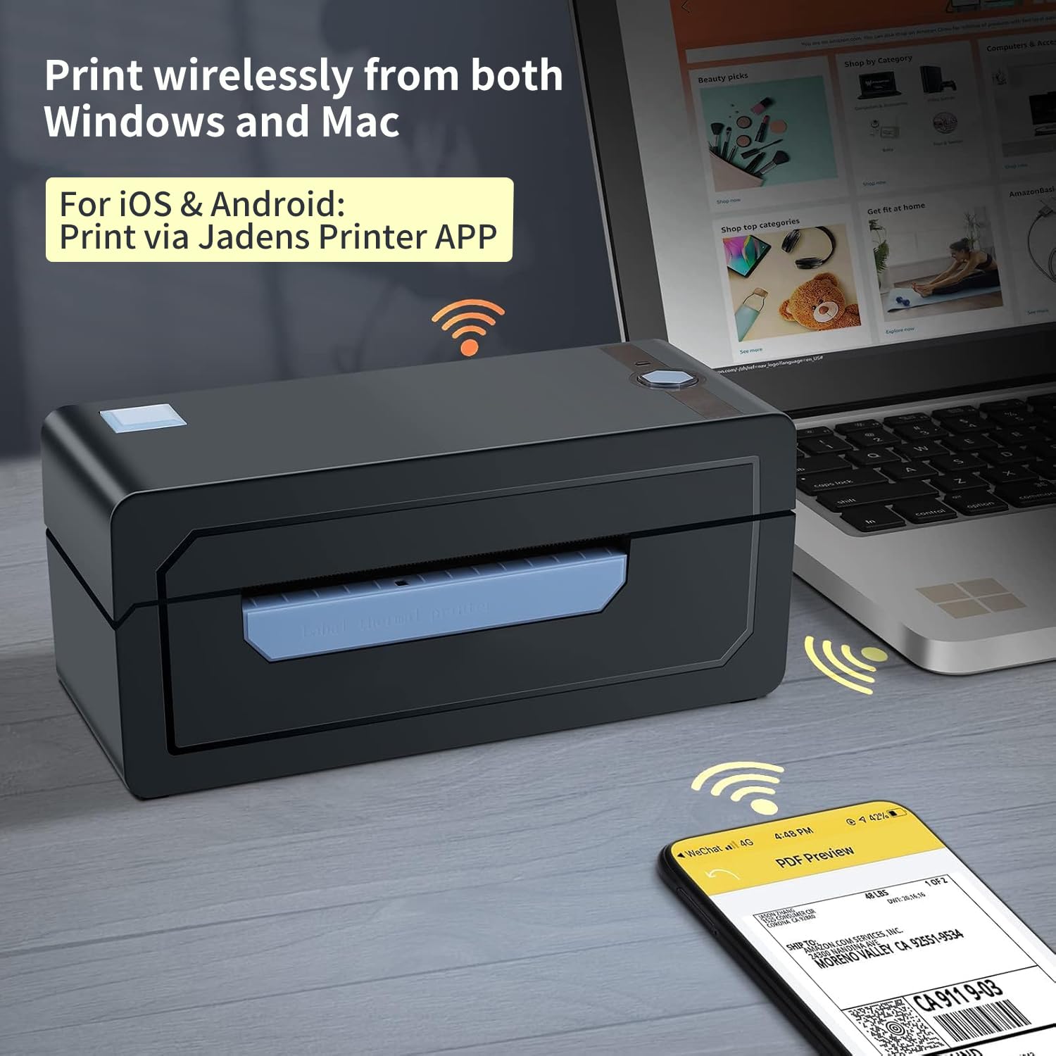 JADENS Bluetooth Thermal Shipping Label Printer – Wireless 4x6 Shipping Label Printer, Compatible with Android, iPhone, Windows & Mac, Widely Used for Ebay, Amazon, Shopify, Etsy, USPS