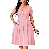 MarryUP Women's Casual Wrap Dress Wedding Guest Dresses with Pockets Short Sleeve A-Line Swing V-Neck Pleated Dresses