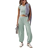 Seetaa Womens 2 Piece Sweatsuits Sets Casual Workout Cropped Tee Top High Rise Sweatpants Athletic Tracksuits