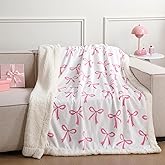 Tegeme Pink Bow Throw Blanket Sherpa Fleece Preppy Coquette Flannel Bow Blanket for Wife Daught Women Gift White Plush 50" x 60" Aesthetic Soft Gift for Valentines Spring Bedding Bed Sofa Couch
