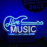 Alkkign Guitar Neon Sign Blue White Live Music for Wall Decor Dimmable Guitar Led Light up Sign Letter Neon Signs Art Decorative Lights for Music Studio Live Streams Nightclub