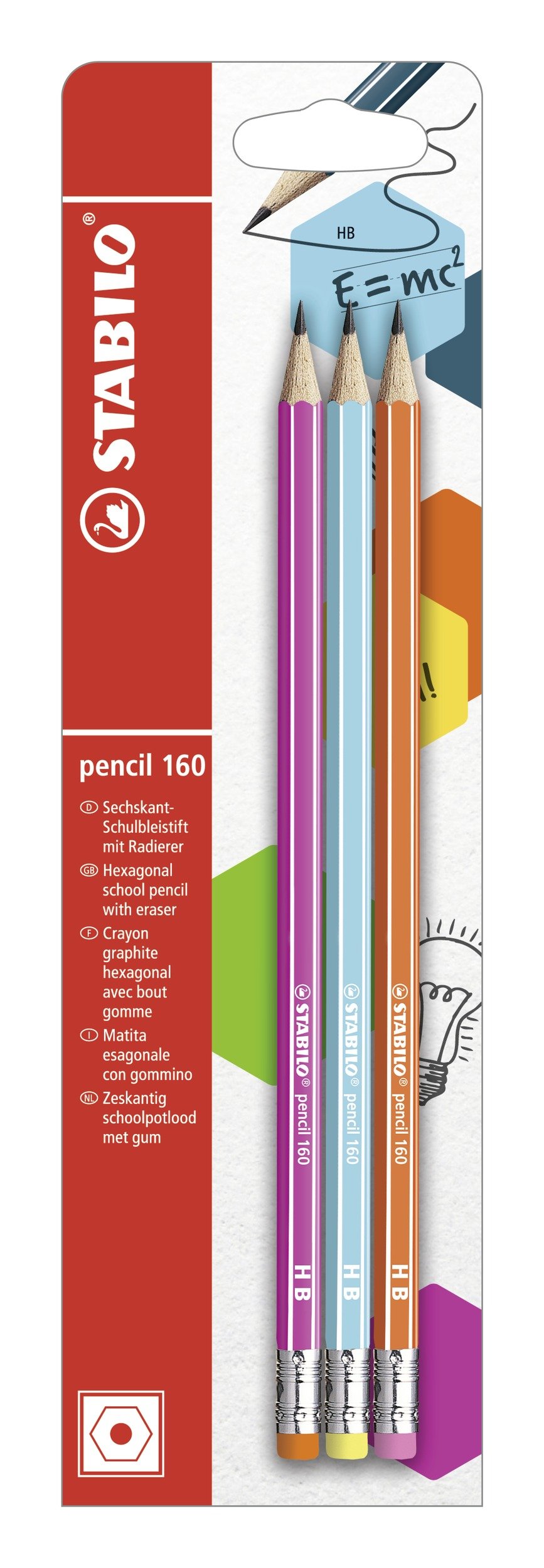 STABILO pencil 160 - Hexagonal Graphite Pencil with Eraser - Pack of 3 - Pink, Blue, Orange - Degree HB