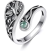 YAFEINI Hummingbird/Dragonfly Spoon Ring S925 Sterling Silver Moss Agate Spoon Ring For Women Adjustable Thumb Rings Jewelry Gift For Women Female