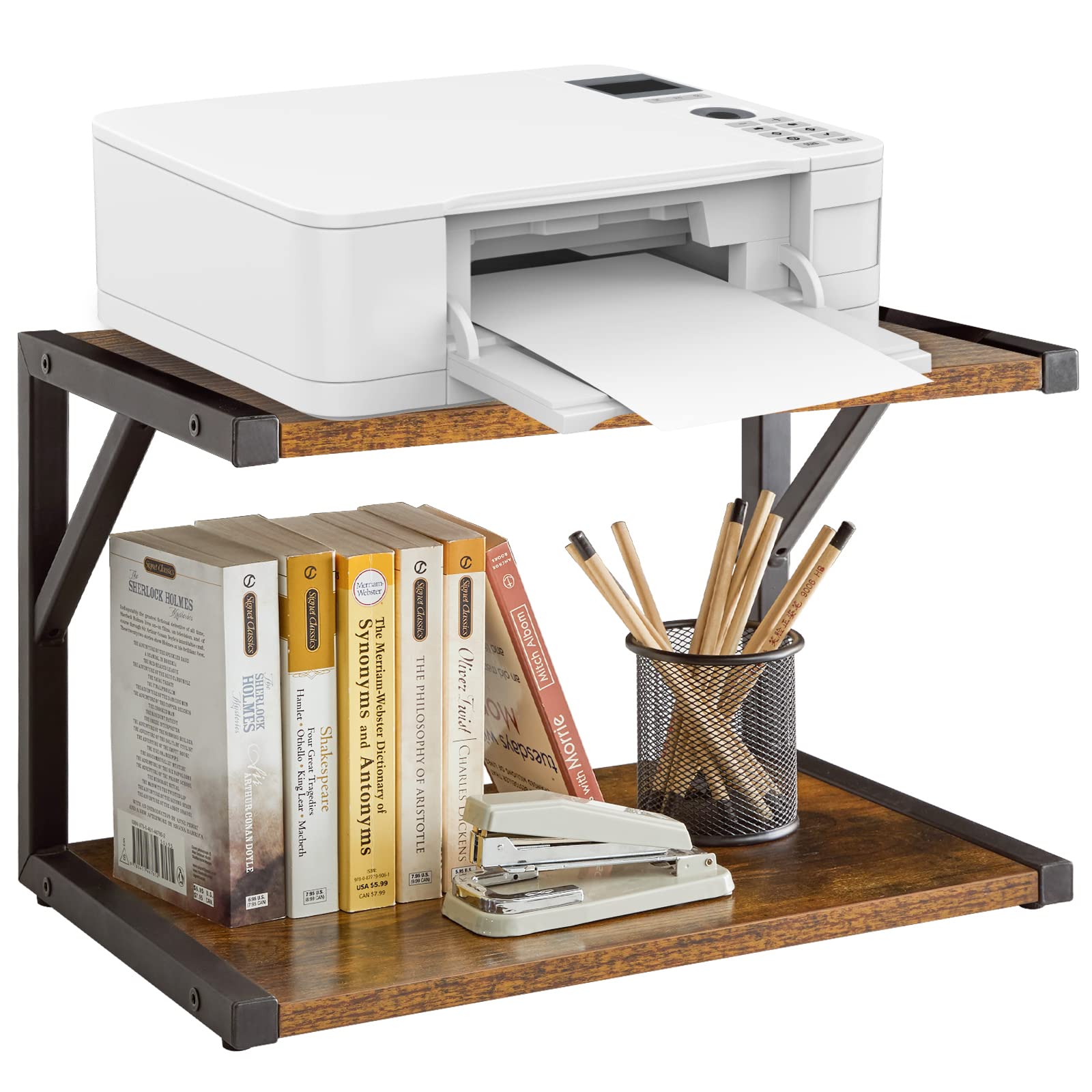 IBUYKE 2-Tier Desktop Printer Stand Holder, Multi-Purpose Desk Organizer Storage Shelf, Book Shelf Printer Shelf for Fax Machine, Scanner, Files, Books, Microwave Oven,Rustic Brown TLJ004H