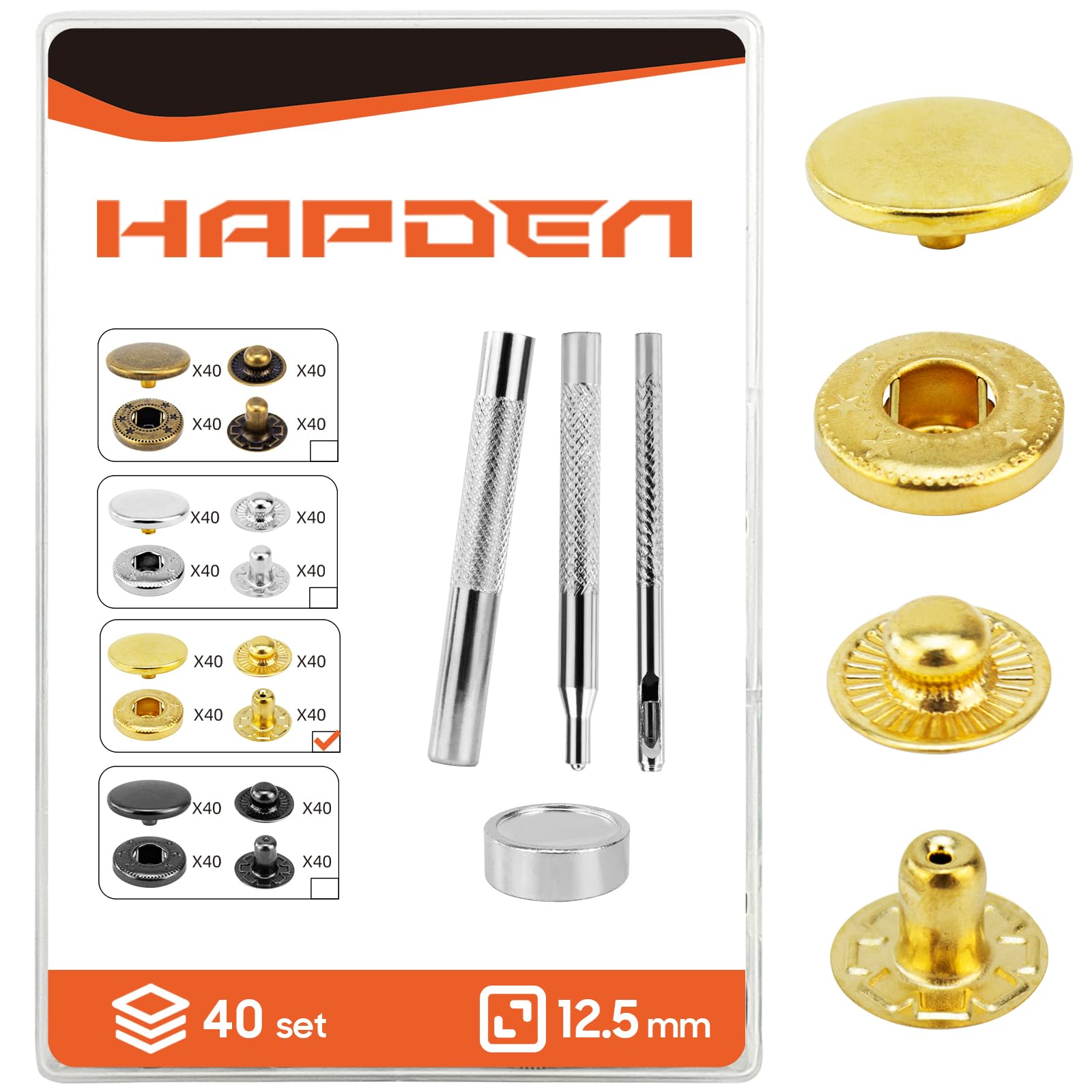 Photo 1 of Leather Snaps and Fasteners Kit?12.5mm 40 Sets Metal Snap Buttons with Setter Tools? Sewing Snaps for Clothing?Fabric?Leather, Clothes, Jackets, Bags, DIY Crafting ?Gold?