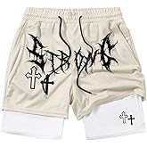 VIPWOLF Men's Graphic Shorts with Liner Y2k Cross Print Drawstring 2 in 1 Gym Workout Athetics Track Bottoms Streetwear
