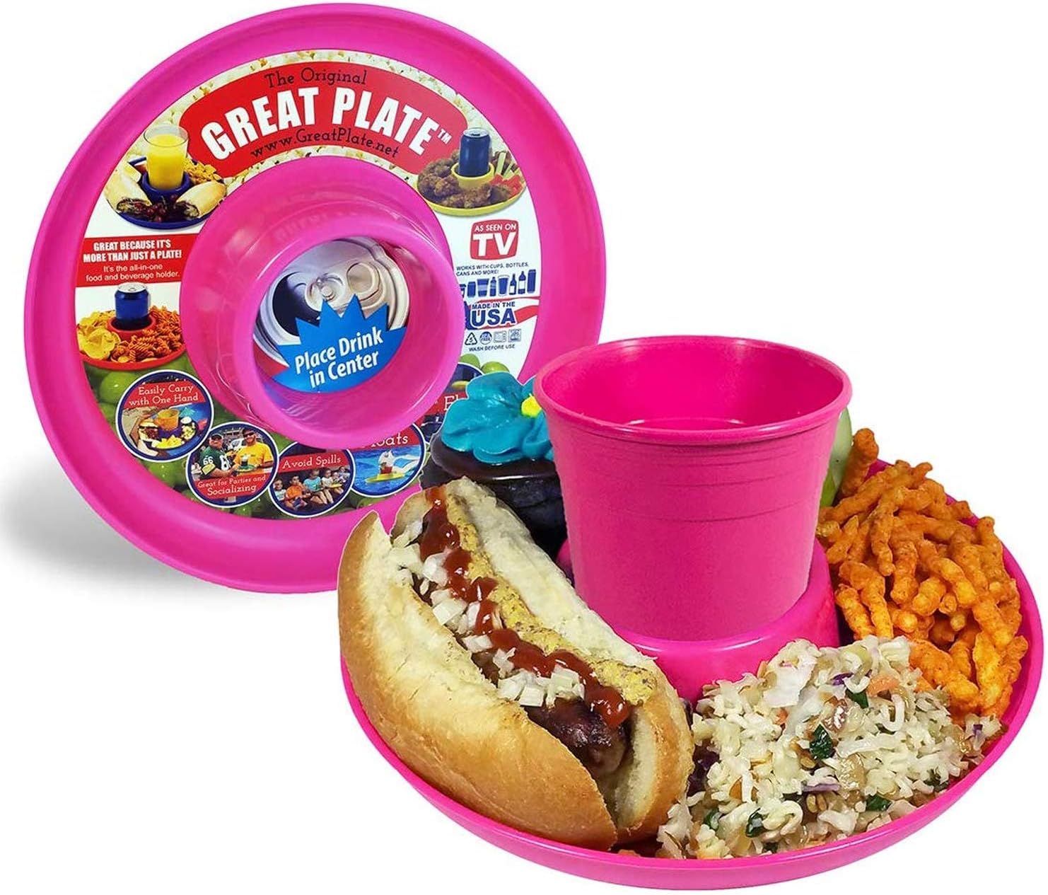 GREAT PLATE Kids Plates Adult Food Tray and Beverage Holder for Parties, Reusable, Heavy Duty and BPA Free Plastic, 10 Inch (Pink 6 Pack) Dishwasher Safe
