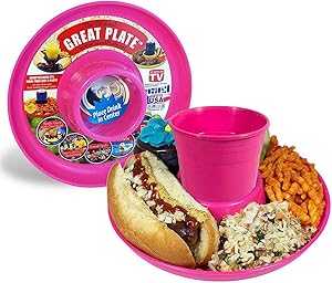 GREAT PLATE Kids Plates Adult Food Tray and Beverage Holder for Parties, Reusable, Heavy Duty and BPA Free Plastic, 10 Inch (Pink 6 Pack) Dishwasher Safe