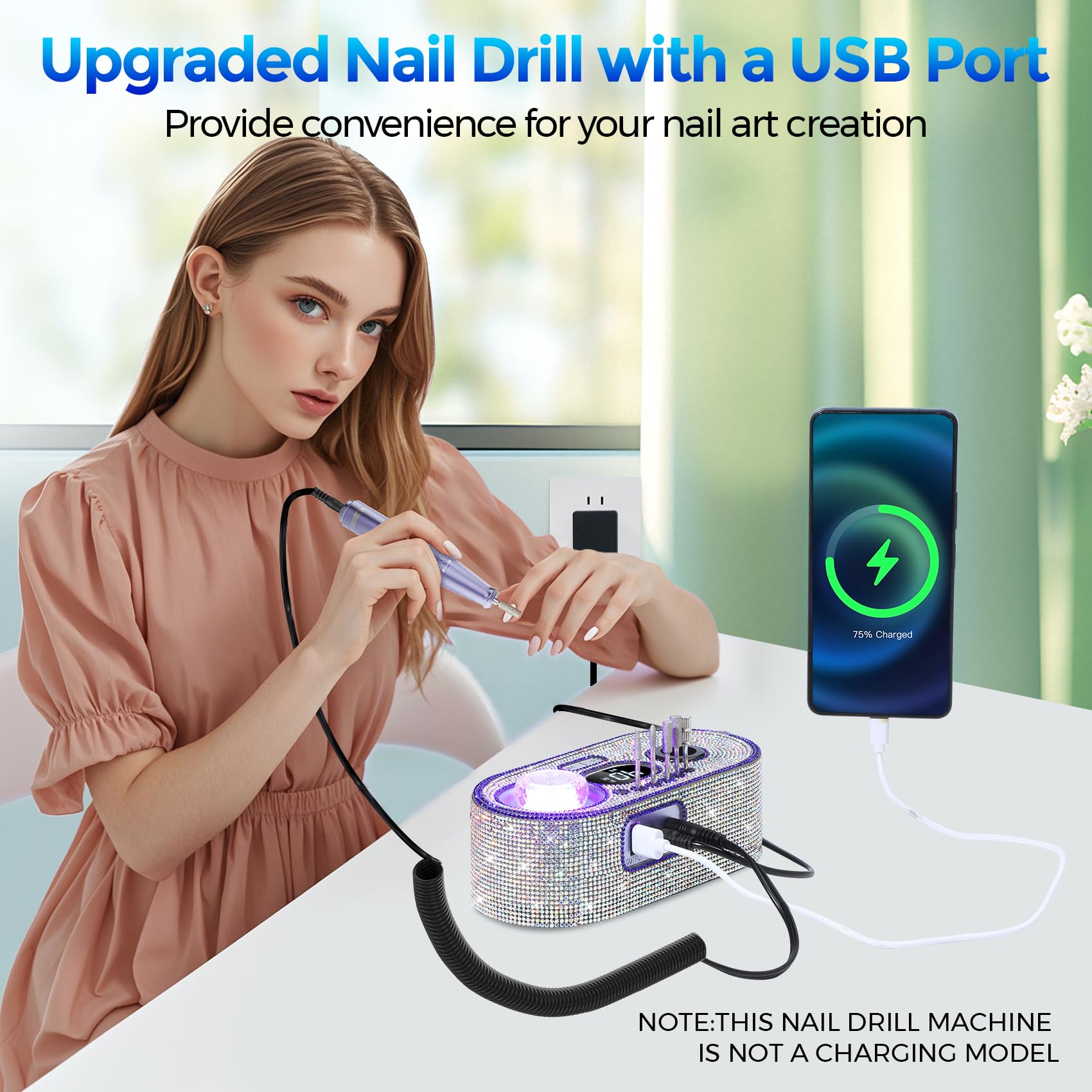 Nail Drill Electric File: DEDNMSCA Sparkly Professional Nail Drill Kit, 40000RPM E-File Machine with 12 Drill Bits for Acrylic Nails Remove Nail Gel Polish Manicure for Salon Home, Crystal Diamond - Image 6